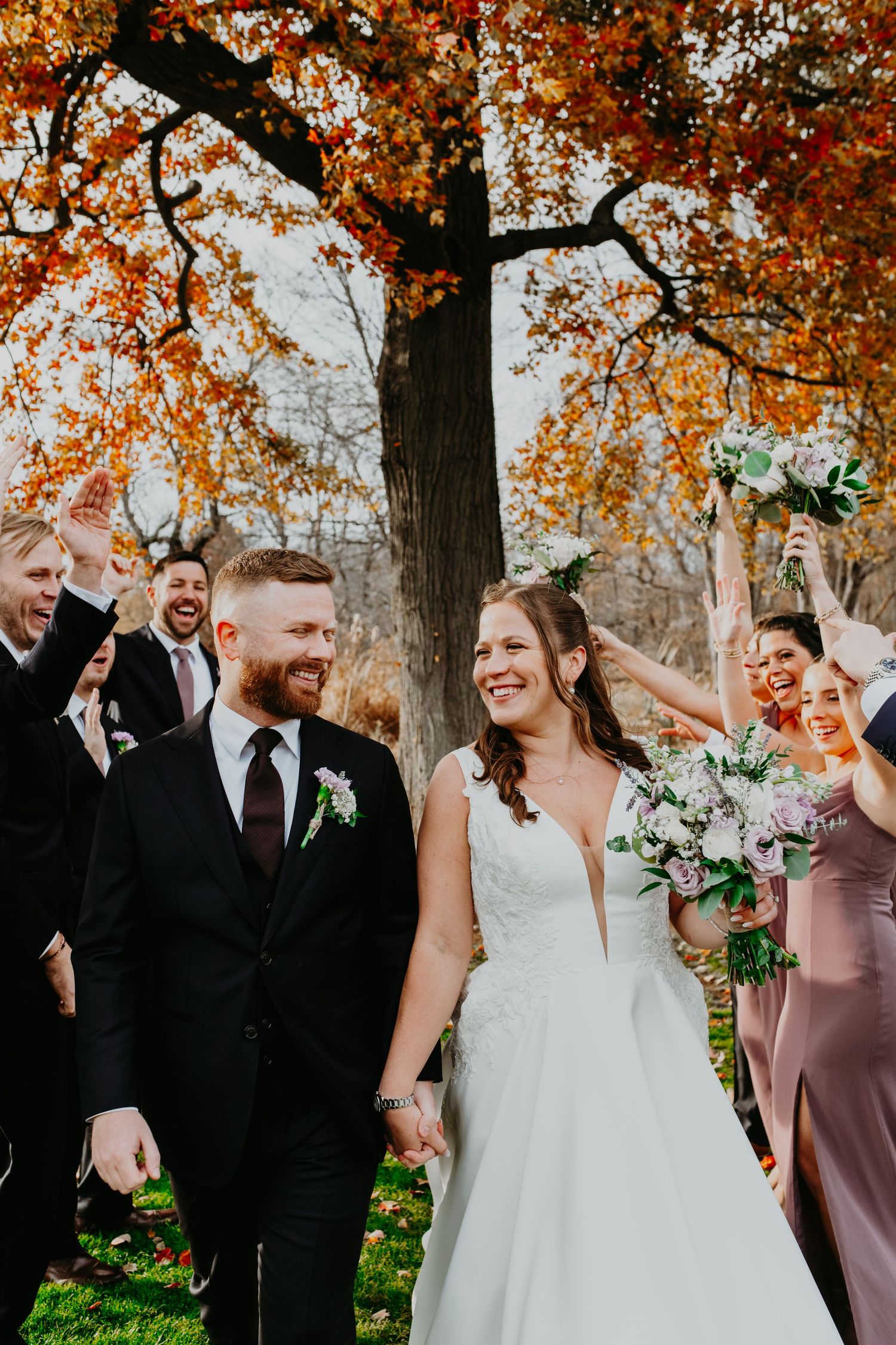 Fall wedding portraits on the golf course grounds at Galloping Hill Golf Course