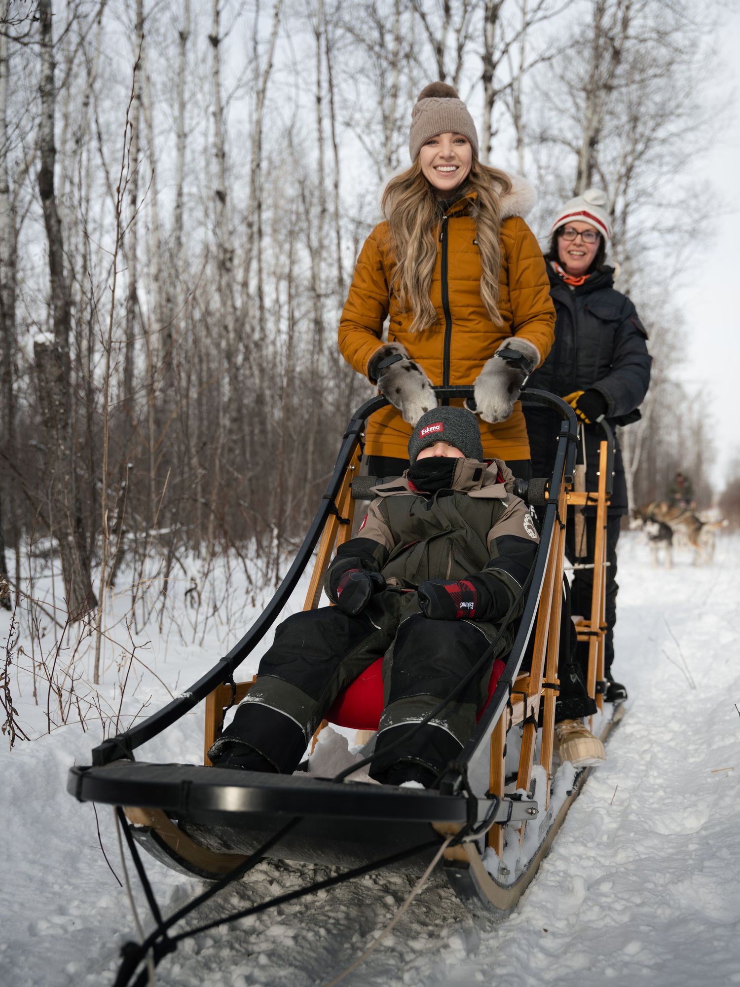 Dog sled passengers enjoy a winter ride through a snow-covered forest trail.