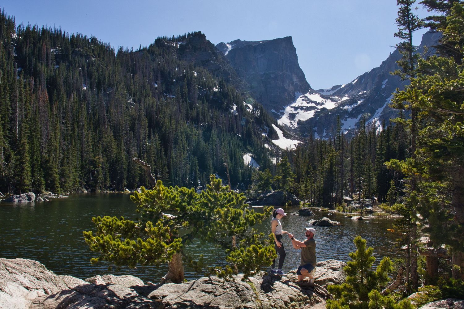 Couple Proposal at Dream Lake in RMNP. Pixcapades | The Rocky Mountain Proposal Photographer