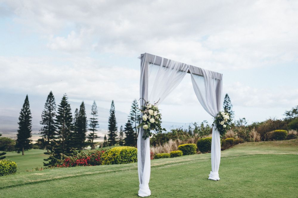 White wedding arch and decor set up on a hilltop with evergreen trees in the background.