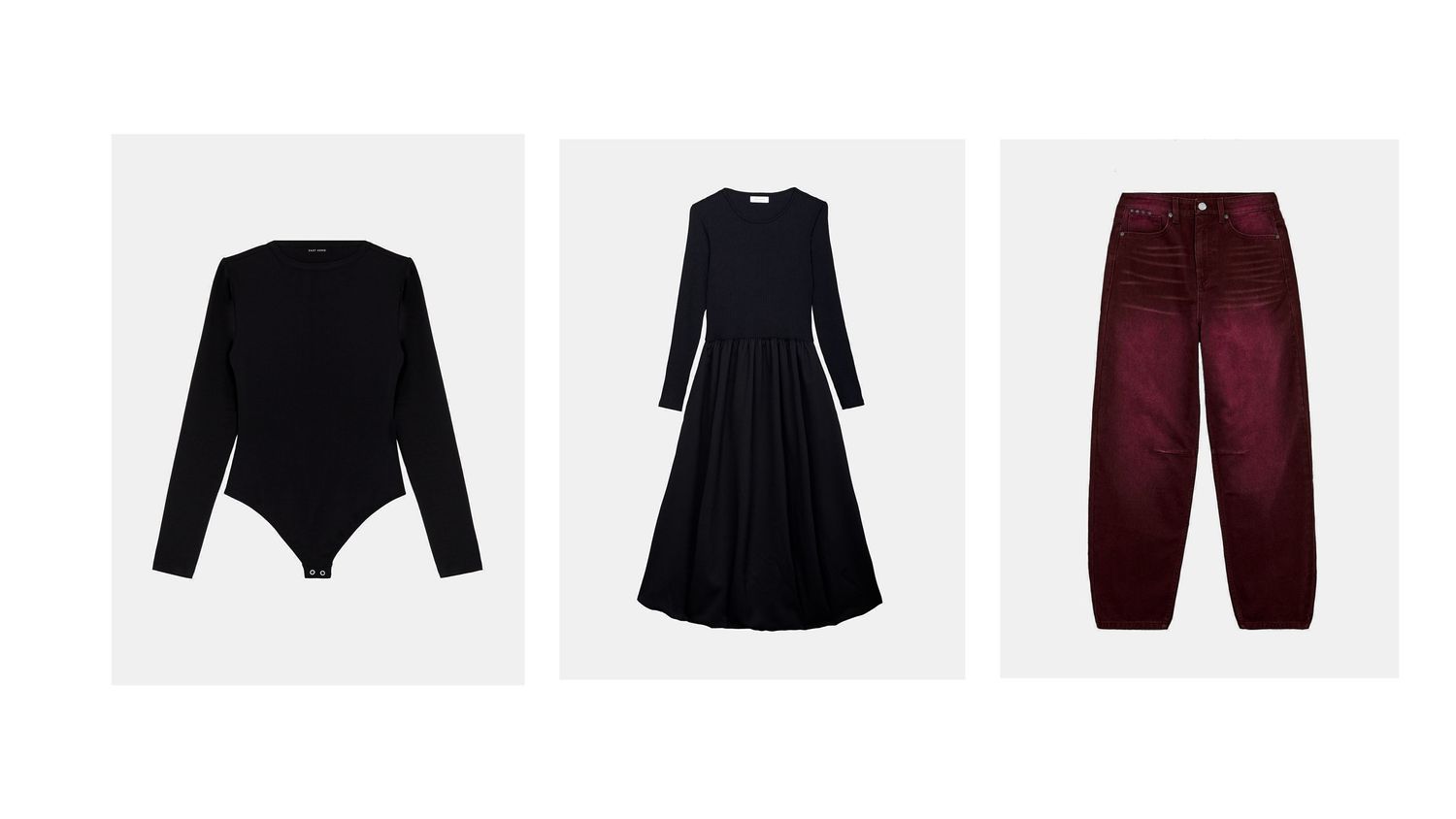 A grid of fashion clothing items including sweaters, dresses, pants and tops in neutral colors arranged in a collage layout.