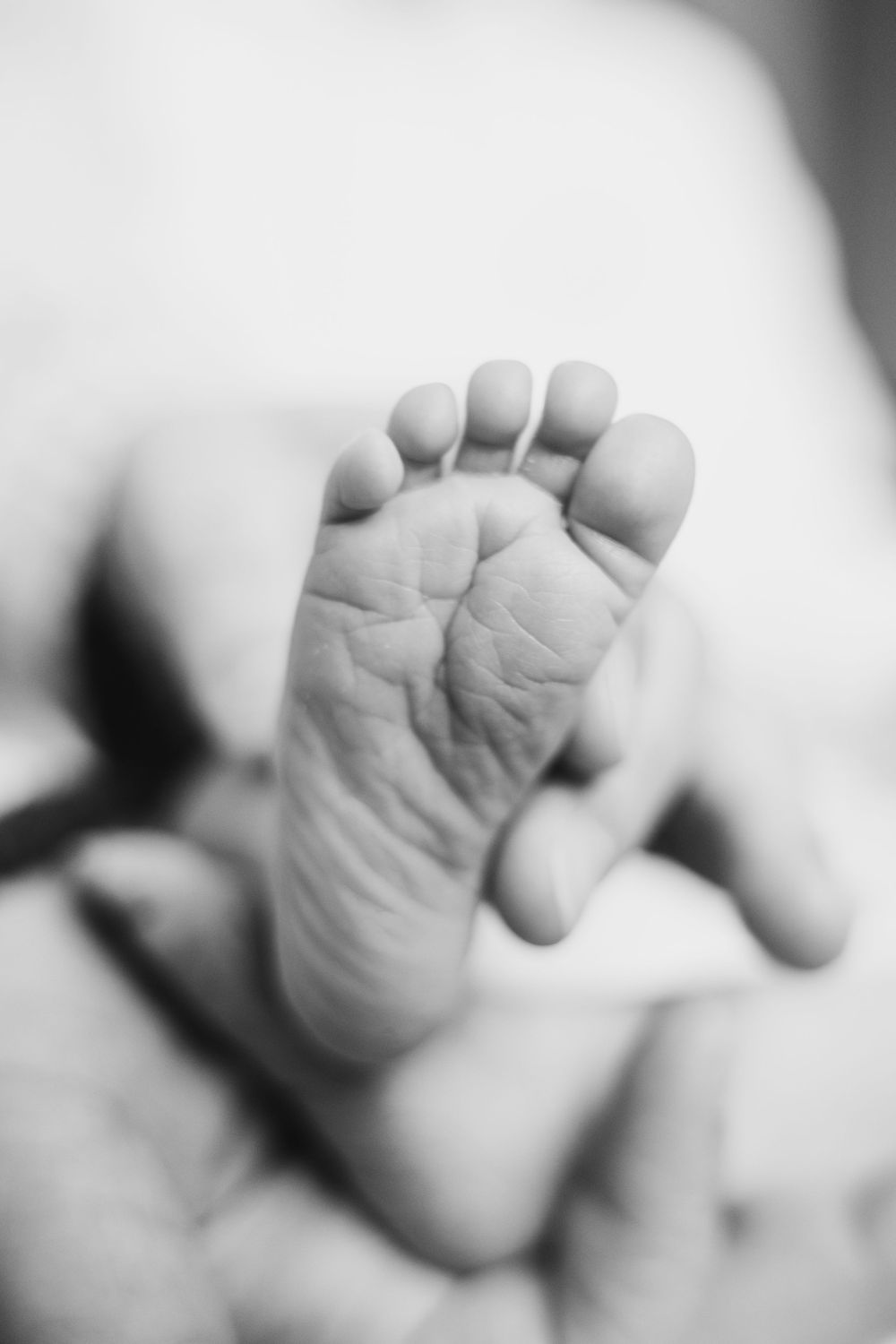 Close-up black and white photographs of tiny baby feet showing delicate details.