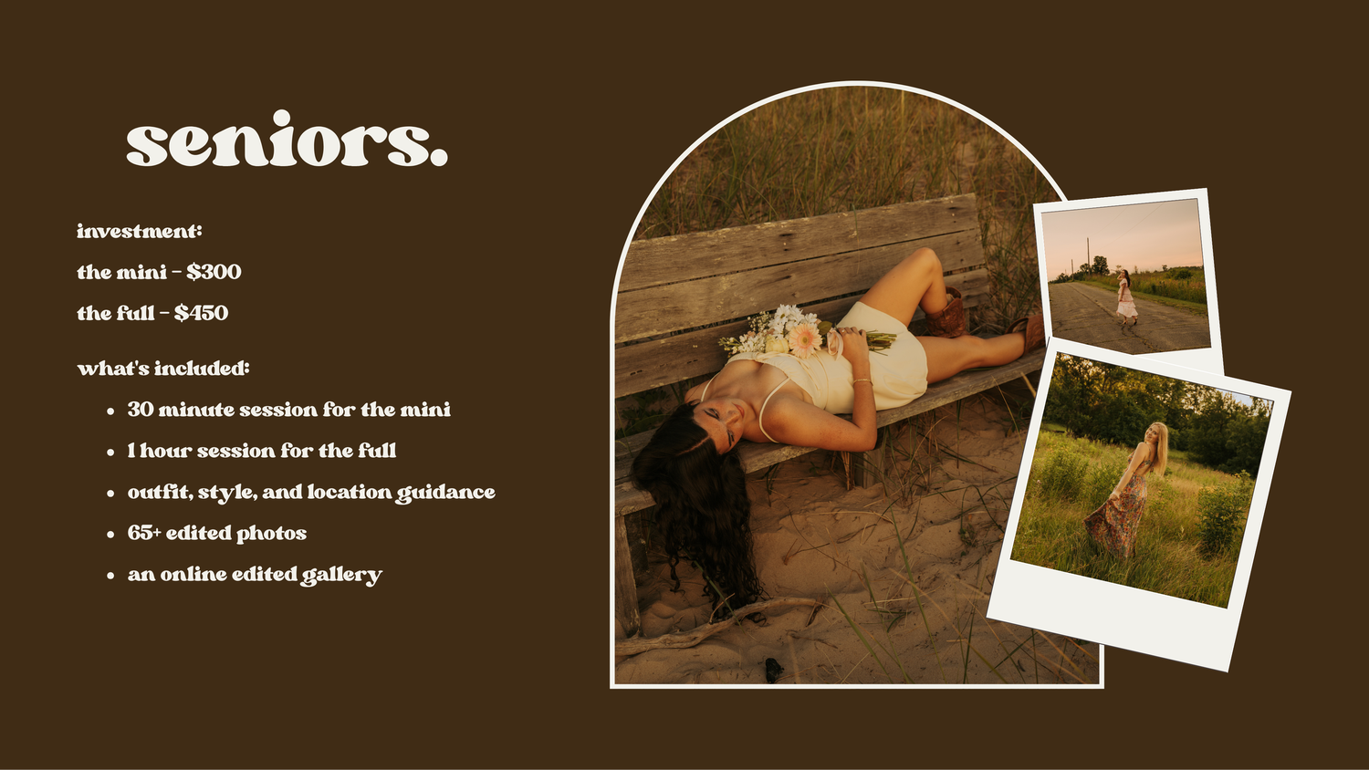Brown vintage style photography layout showing senior portrait session details with polaroid frames and arch design.