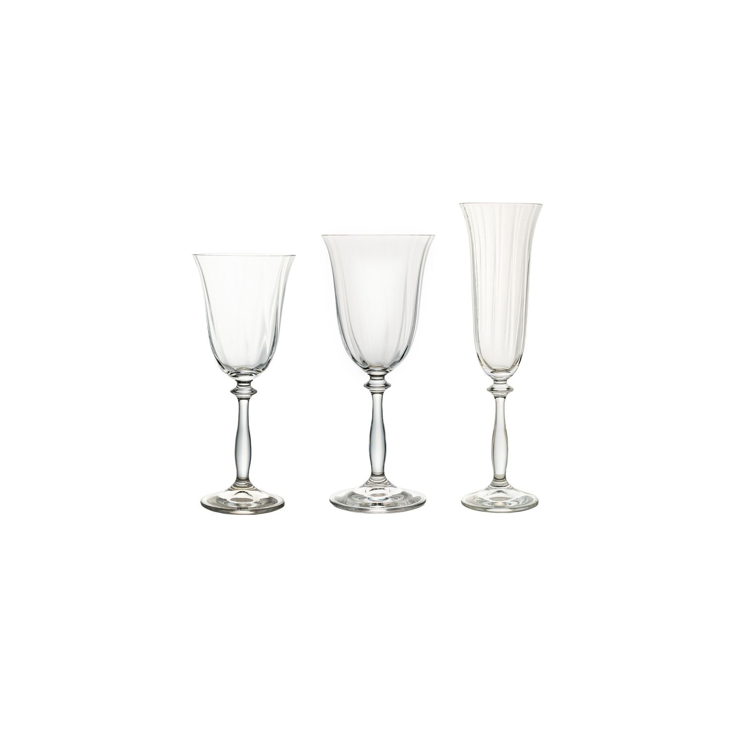 Product photography of three clear glass stemware pieces on a white background