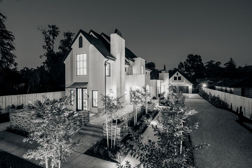A black and white photo series showing a house exterior at night with dramatic lighting and shadows.
