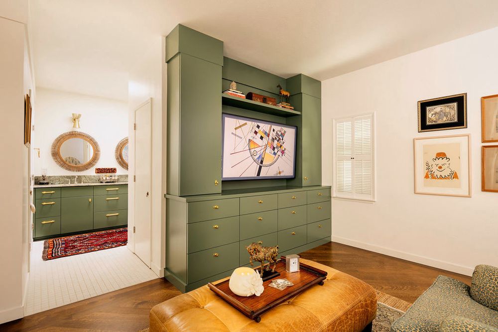 A series of interior room photos showing a modern home with sage green cabinets and neutral walls.