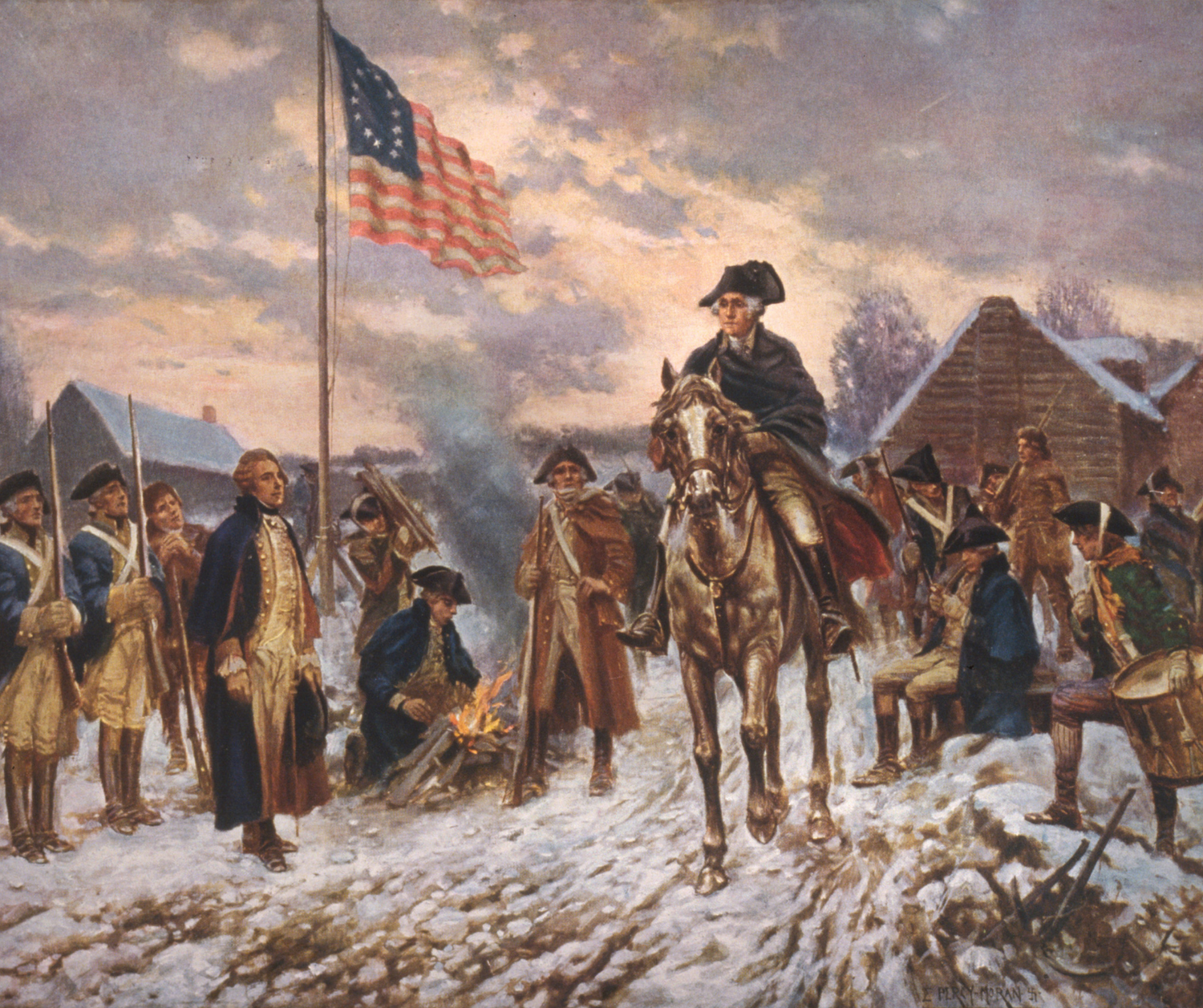 George Washington. Historical painting depicting soldiers enduring harsh winter conditions at Valley Forge during the American Revolution.