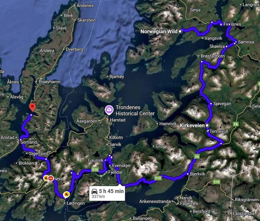 Carte itinéraire route senja andoya