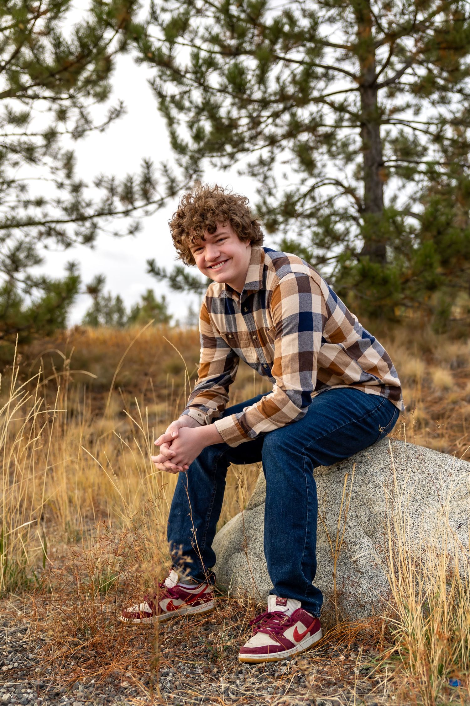 Person in plaid shirt and jeans sits on rock in autumn field with pine trees in background.