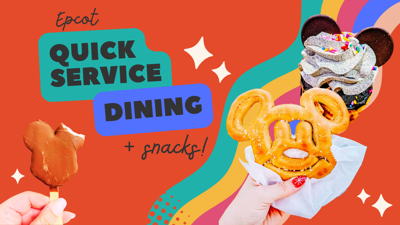 A colorful retro-style illustration featuring EPCOT Quick Service Dining text with snack icons and a rainbow background.