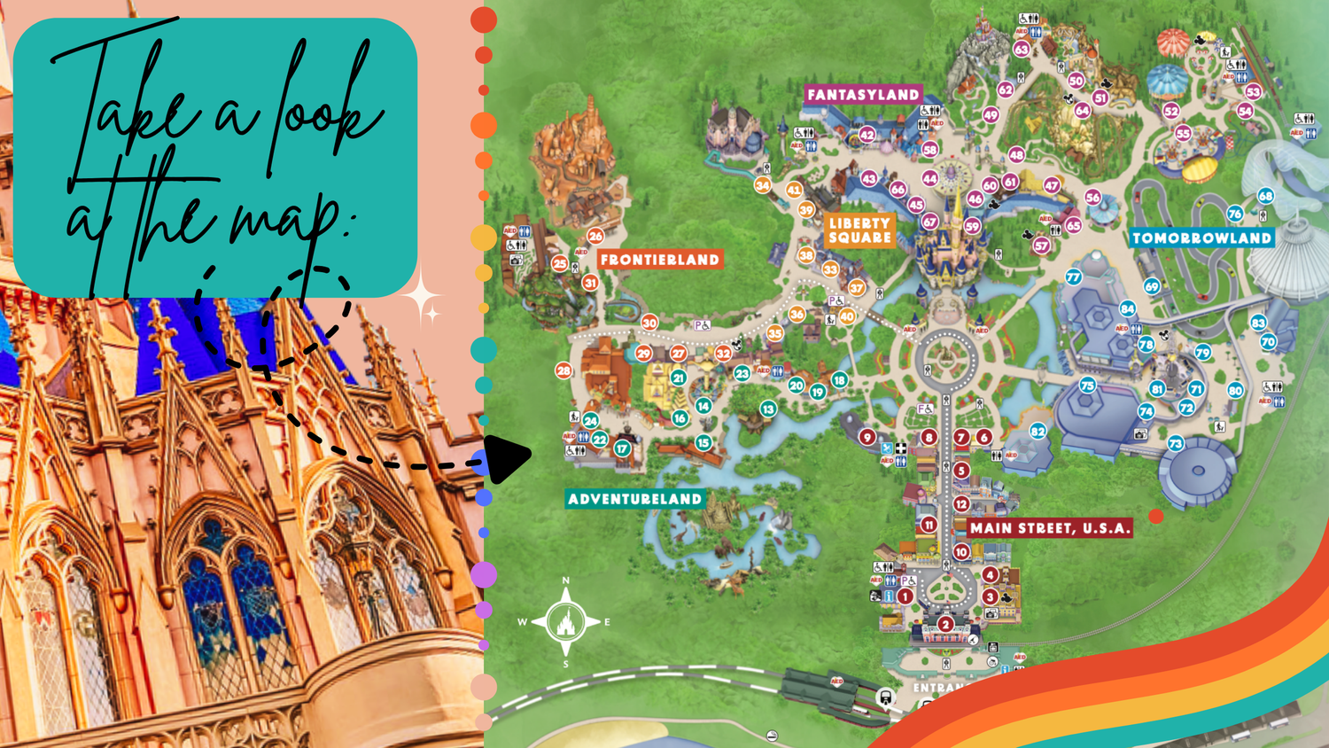 A collection of colorful theme park maps showing various attractions and entertainment areas laid out in top-down view.