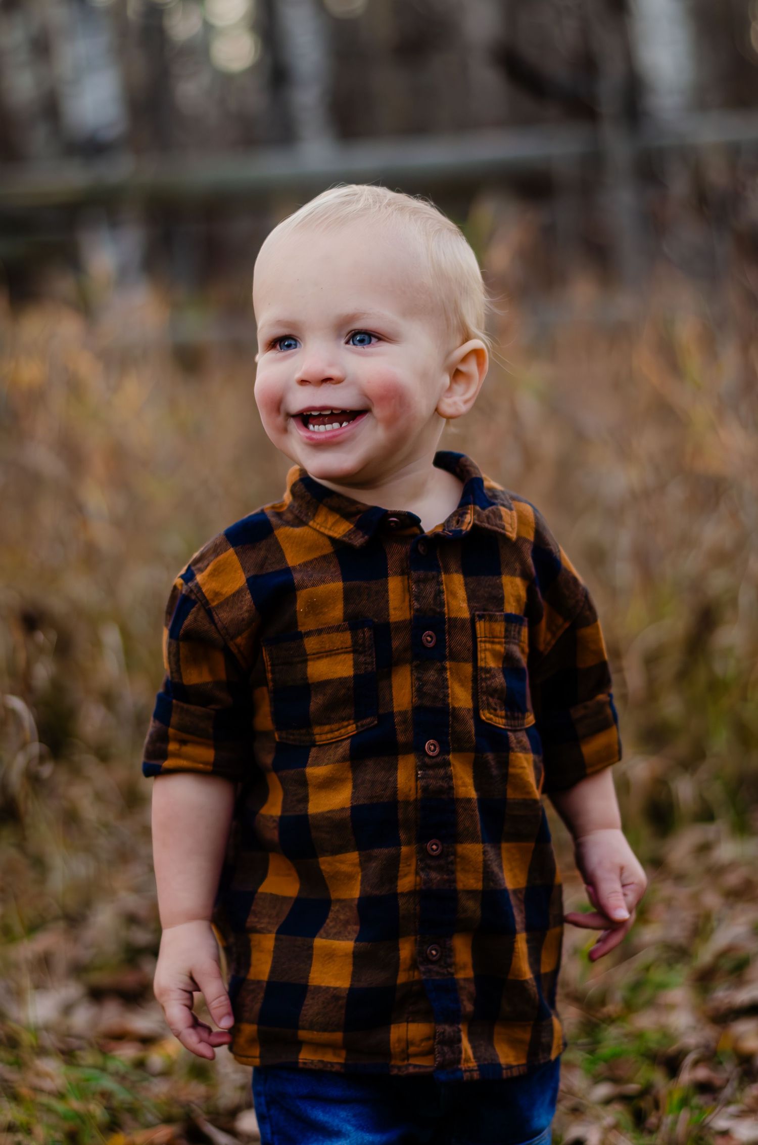 A toddler in an orange and black plaid shirt smiles brightly in an autumn forest setting.