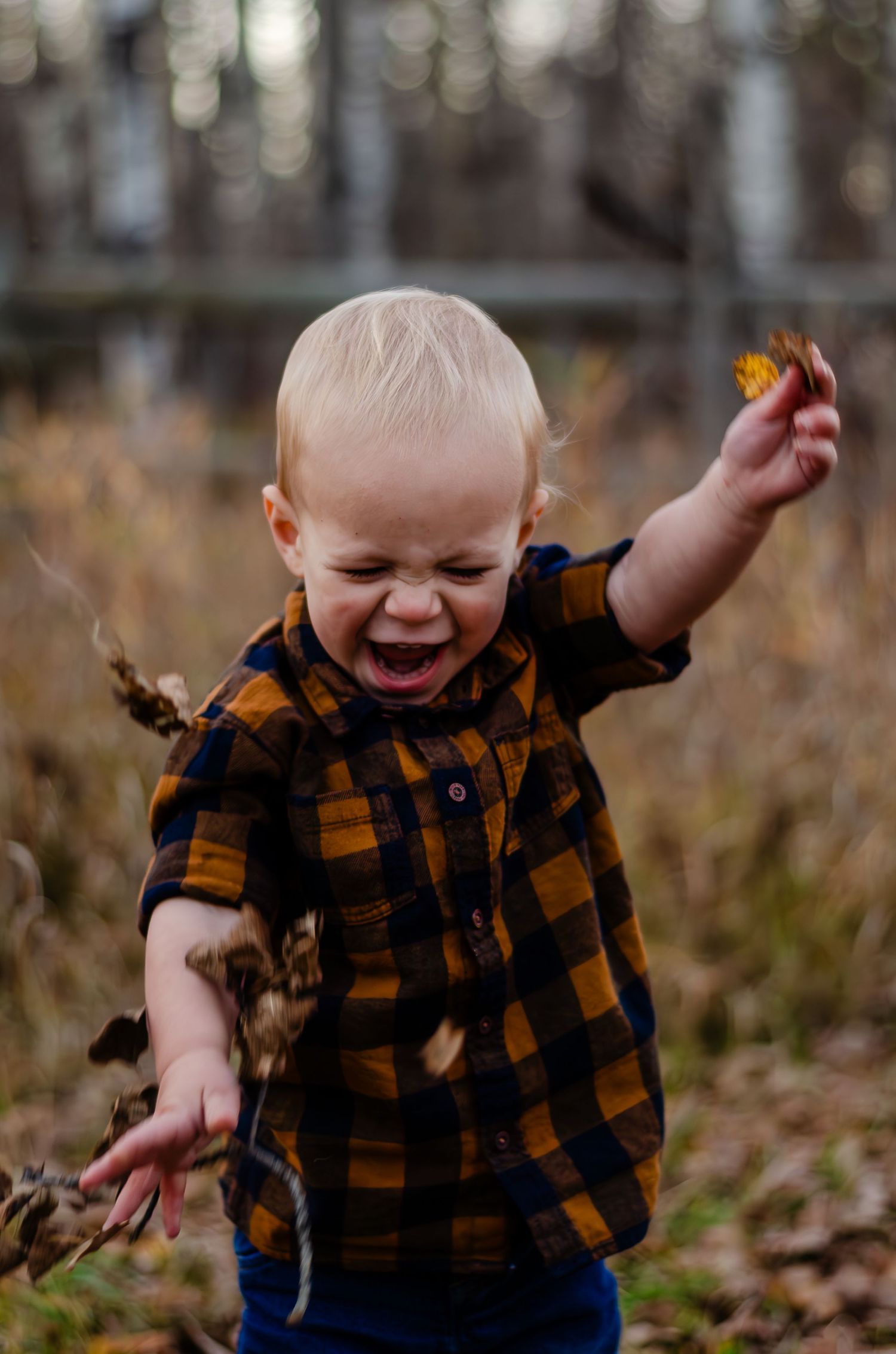 A joyful toddler in plaid plays with fallen leaves in the forest.