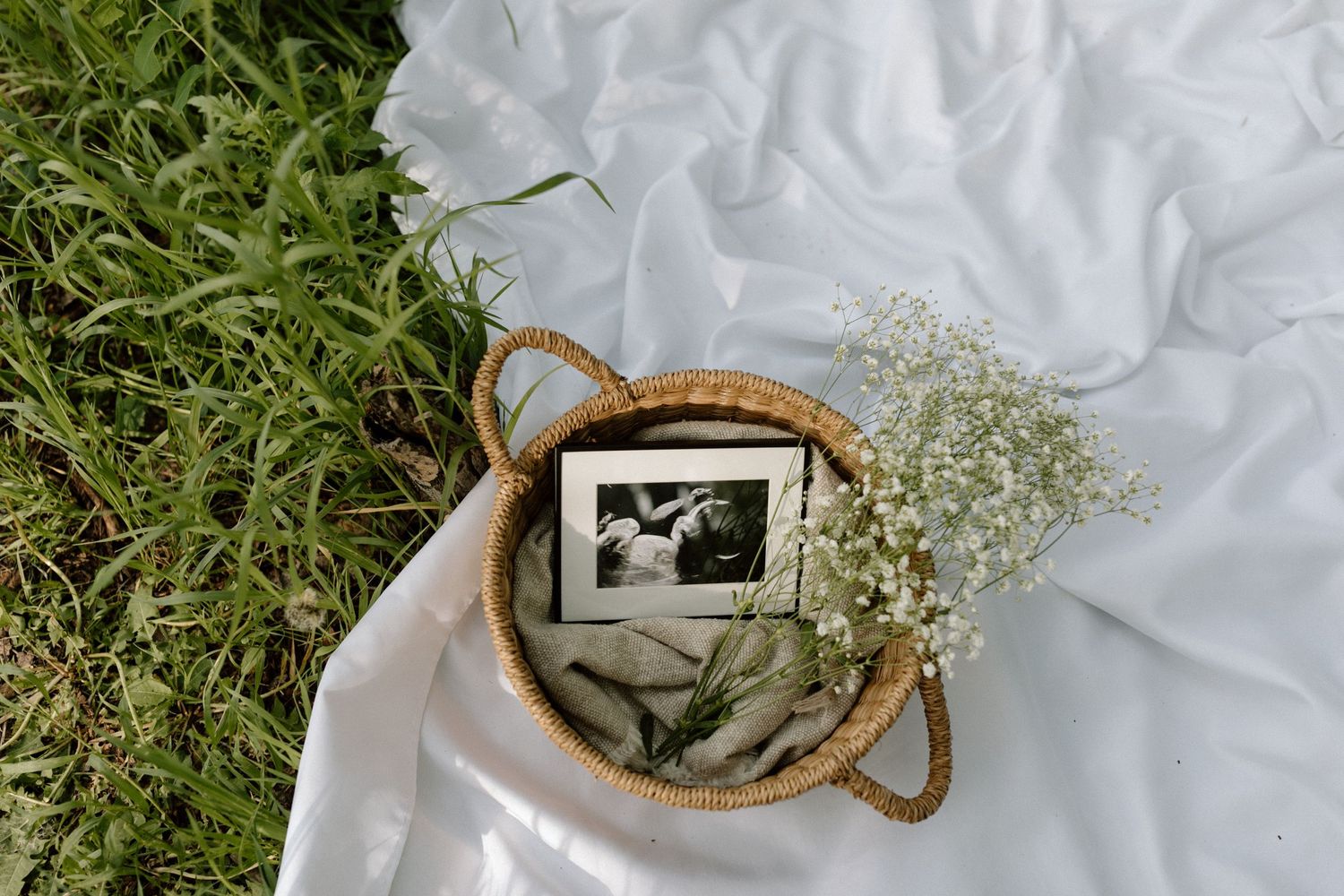 Black and white photograph in a woven basket with baby's breath flowers on white fabric and grass.