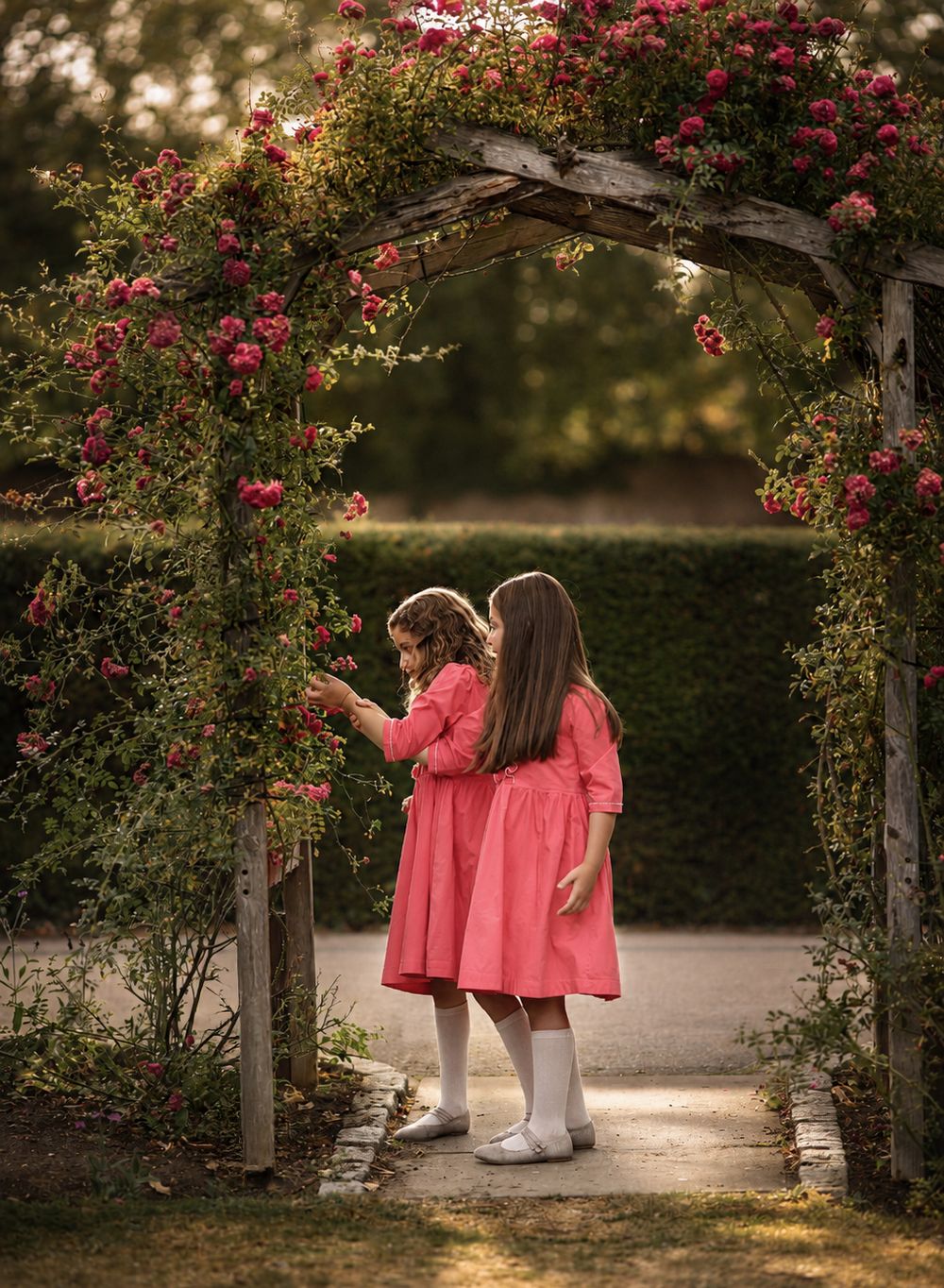 Girls dressed in pink dresses looking at pink roses.