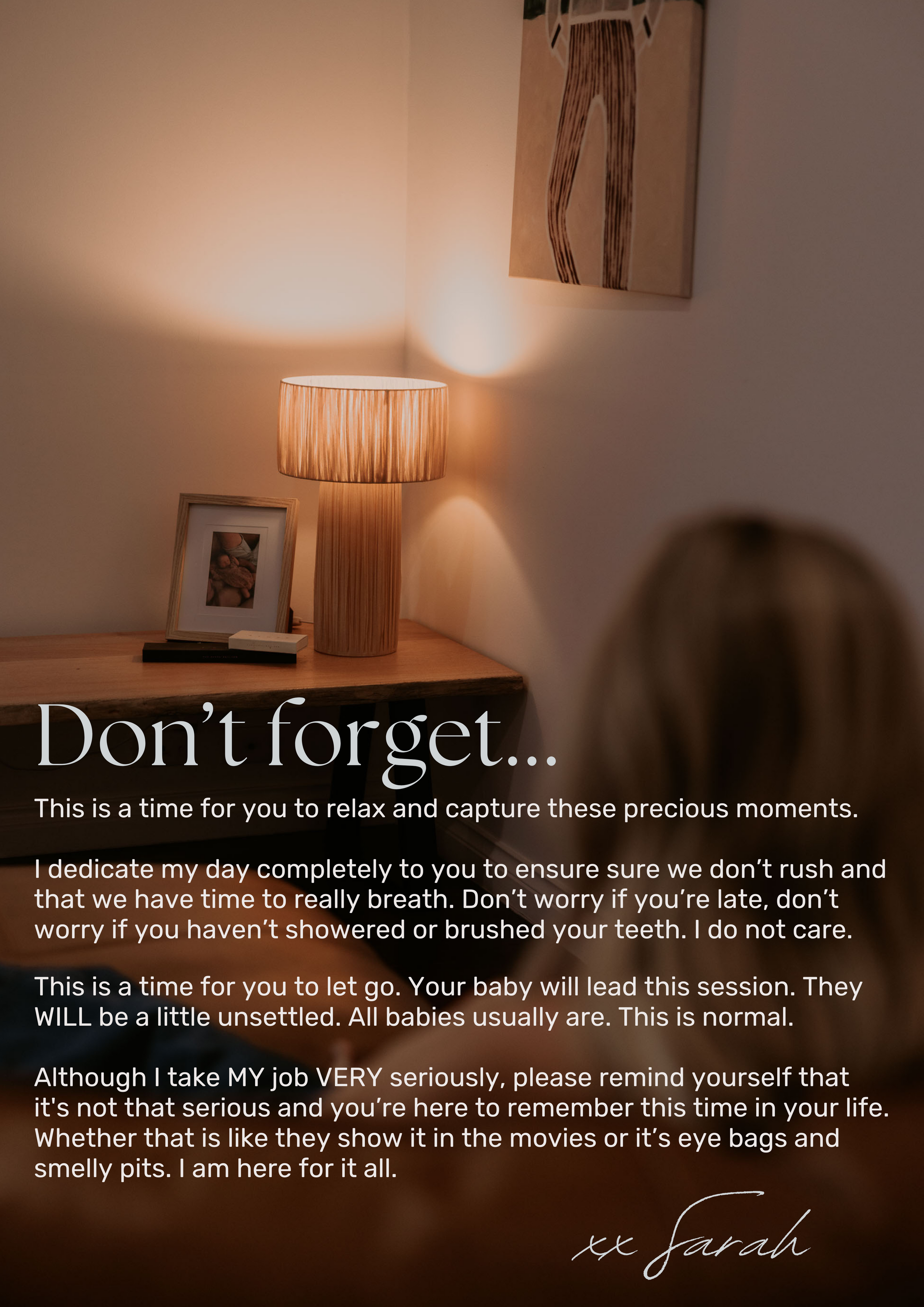 Photography session reminder card with cozy lamp and warm lighting.