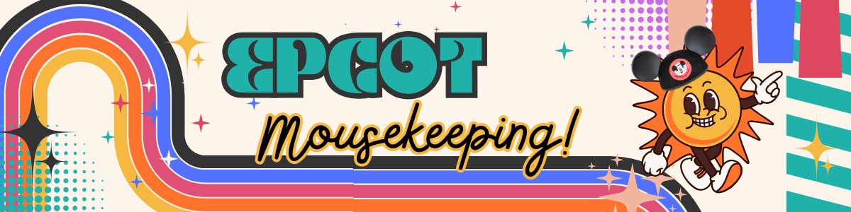Retro-styled EPCOT Mousekeeping banner with rainbow stripes and cartoon mouse design.