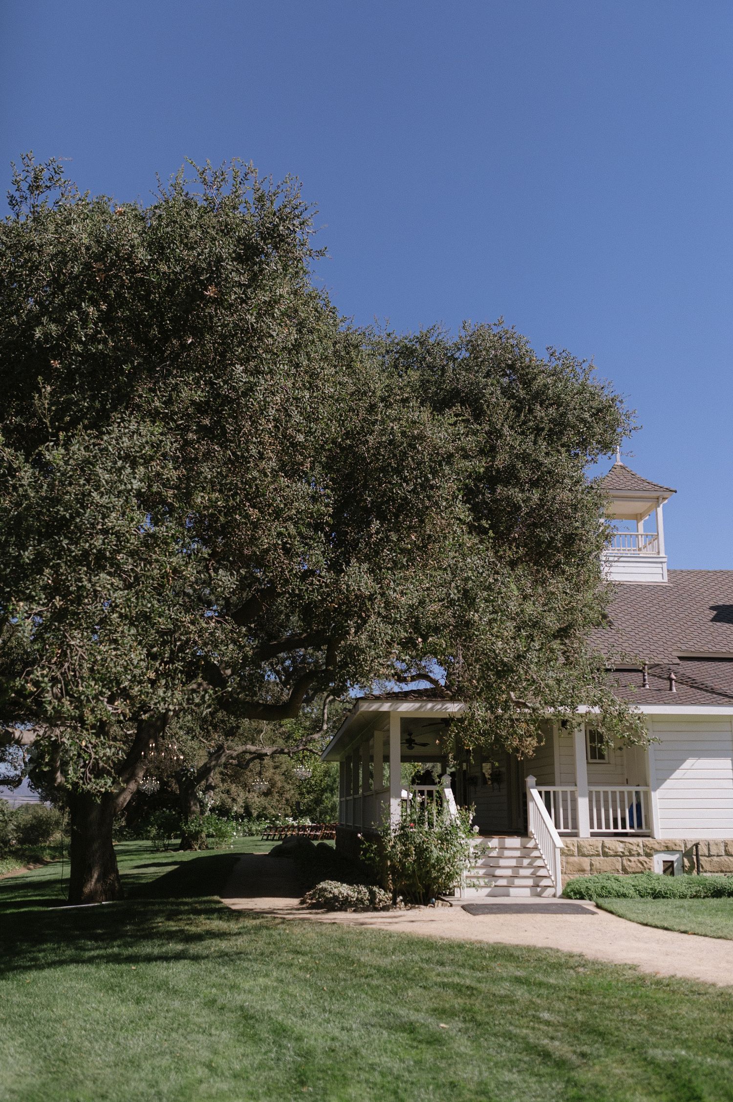 A charming white farmhouse with a wraparound porch nestled under large oak trees.