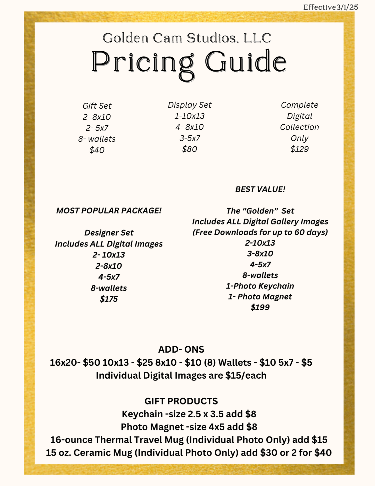 Pricing Guide for Golden Cam Studios. Affordable photographer in Gastonia, North Carolina and Fort Mill, South Carolina.