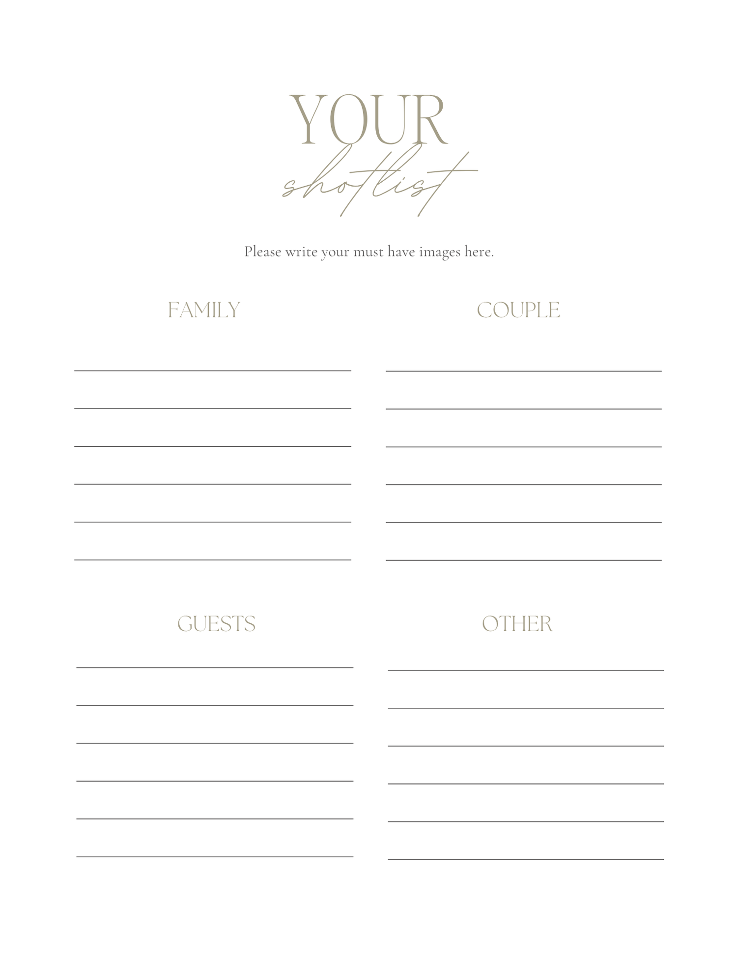 A minimalist wedding shot list template with sections for family, couple, guests, and other must-have images.