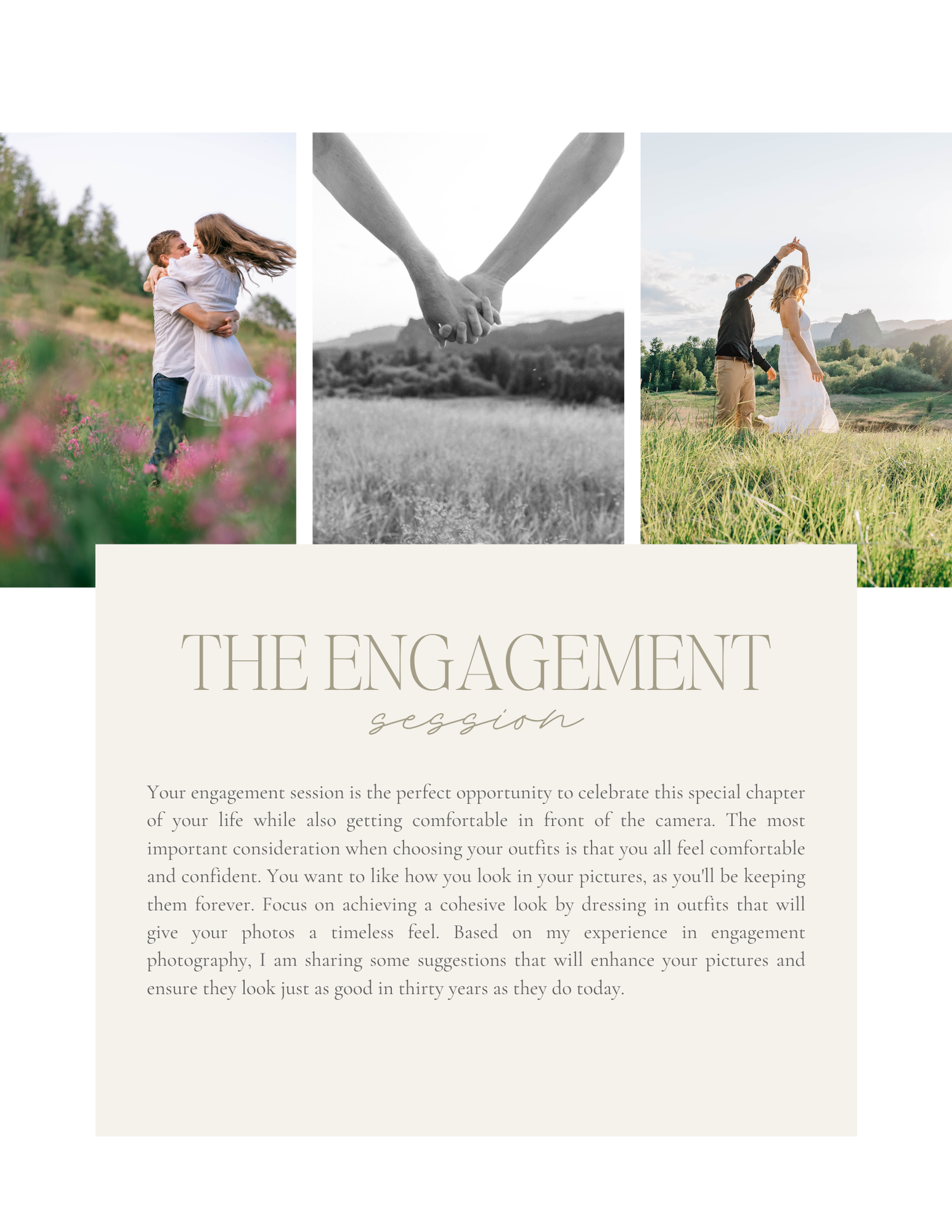 Romantic engagement session guide featuring couples posing outdoors in coordinated outfits for timeless photography.
