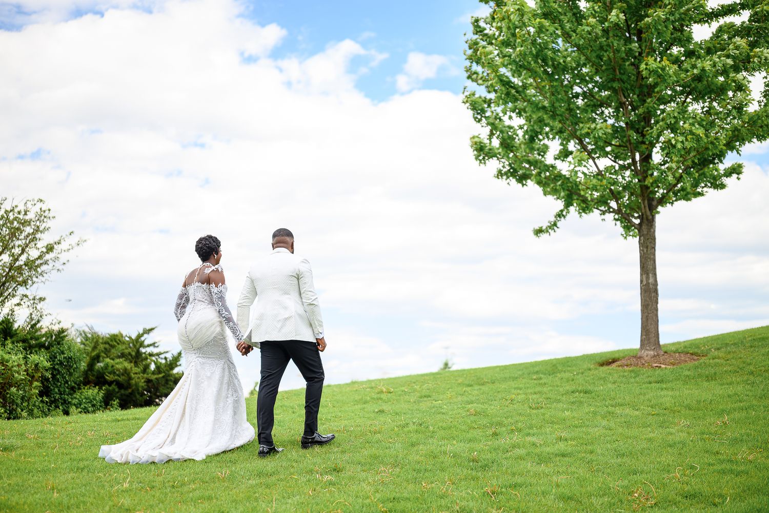 A bride and groom hold hands walking on a green hill toward a tree under a cloudy sky on their wedding day.