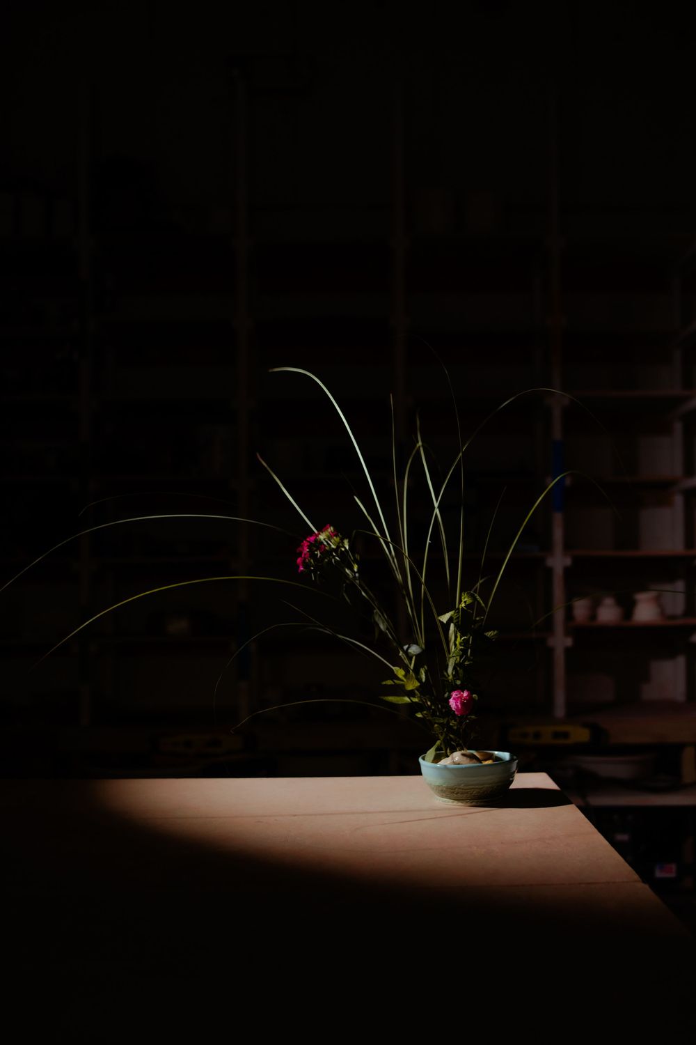 A minimalist ikebana floral arrangement in a ceramic bowl, dramatically lit by a single beam of light on a wooden table.