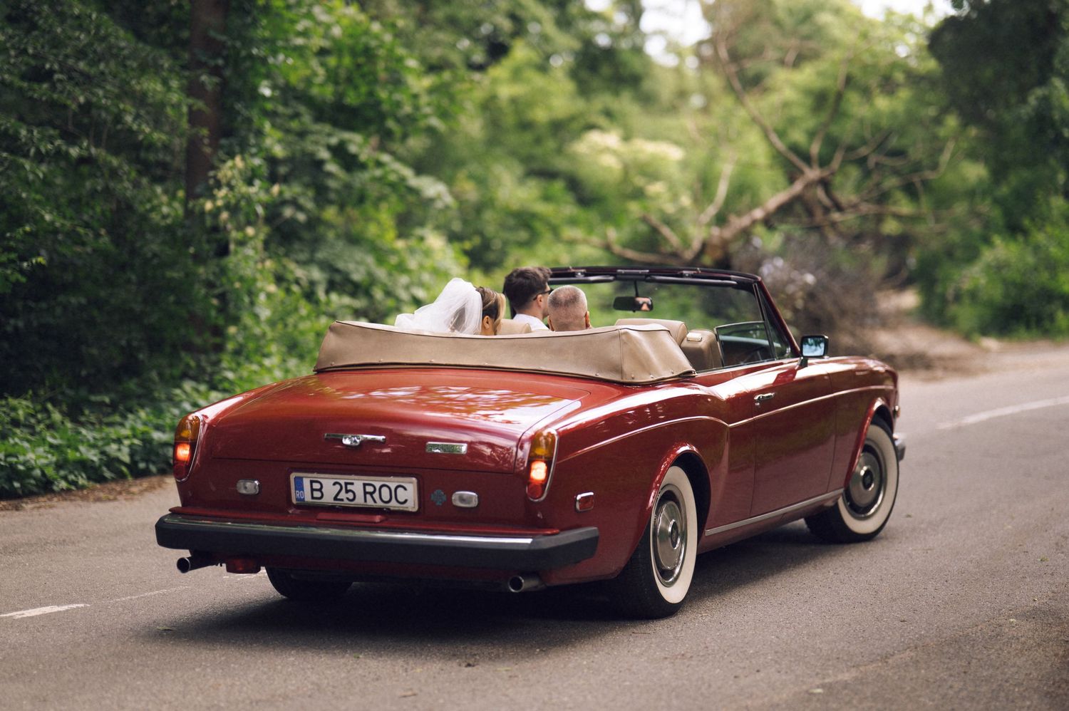 A couple rides in a classic red convertible car down a tree-lined road, enjoying a romantic drive.