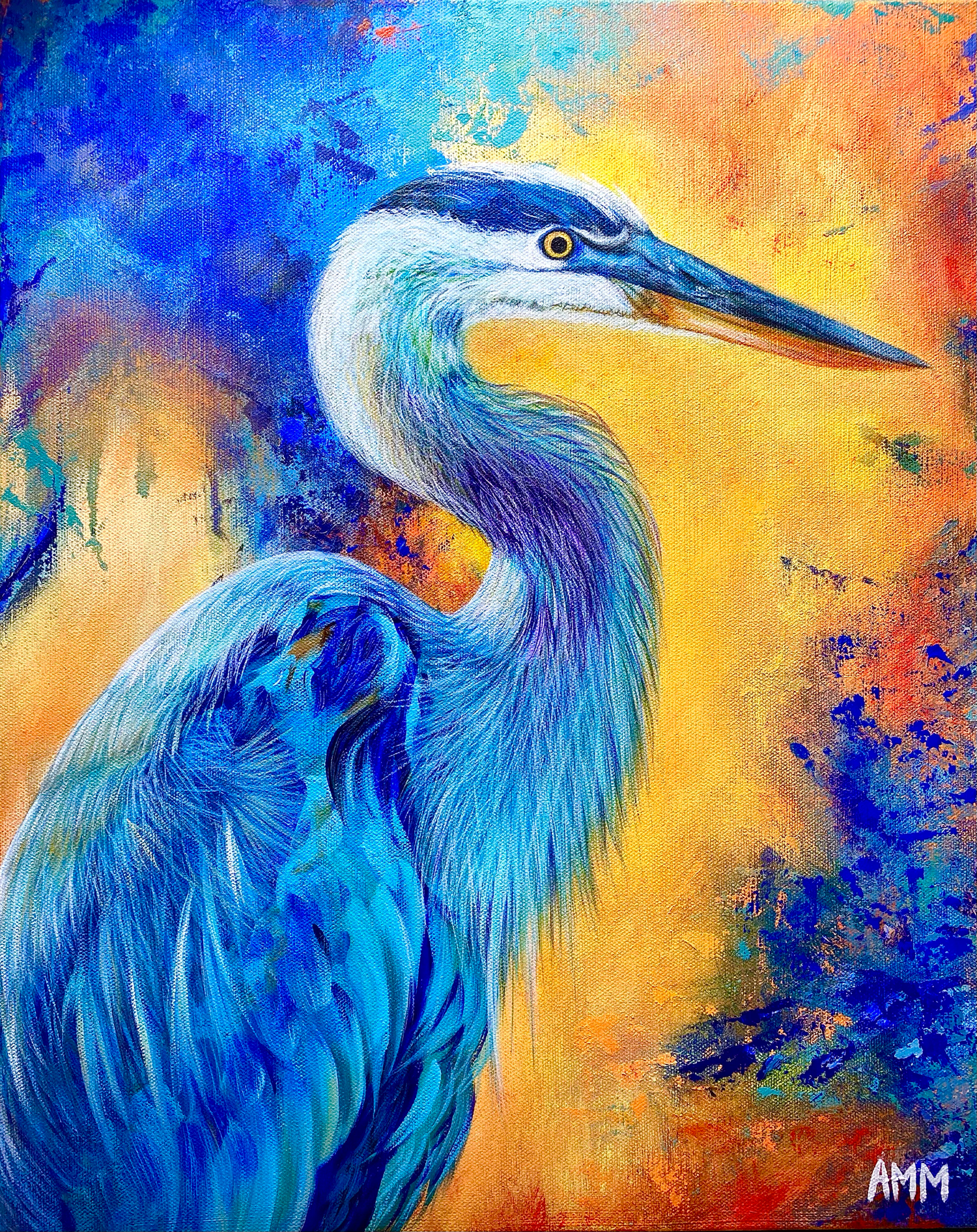 Vibrant acrylic painting of a great blue heron with bold blue plumage against a warm golden and red abstract background.