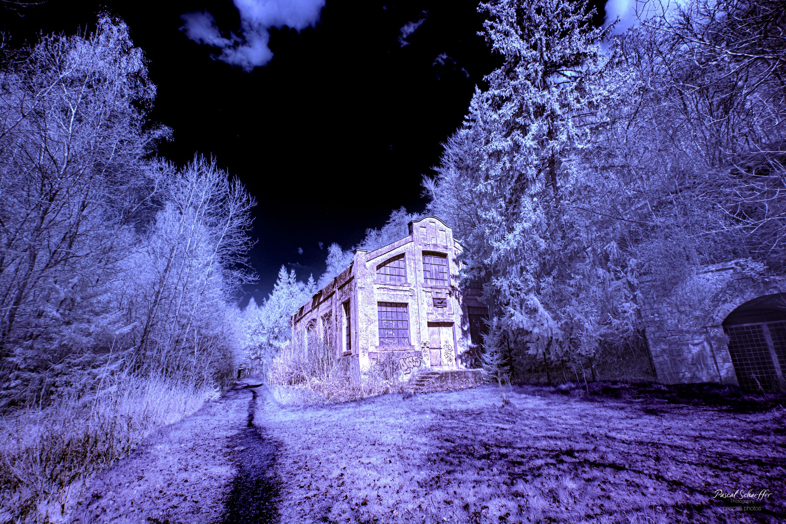 Infrared night shot of an abandoned building surrounded by glowing blue-white trees under a dark sky.