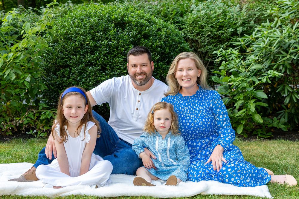 Family photo at private home in Sudbury, MA during the summer for family photography session.  Weston, Concord, Wayland, Framingham, Stow.