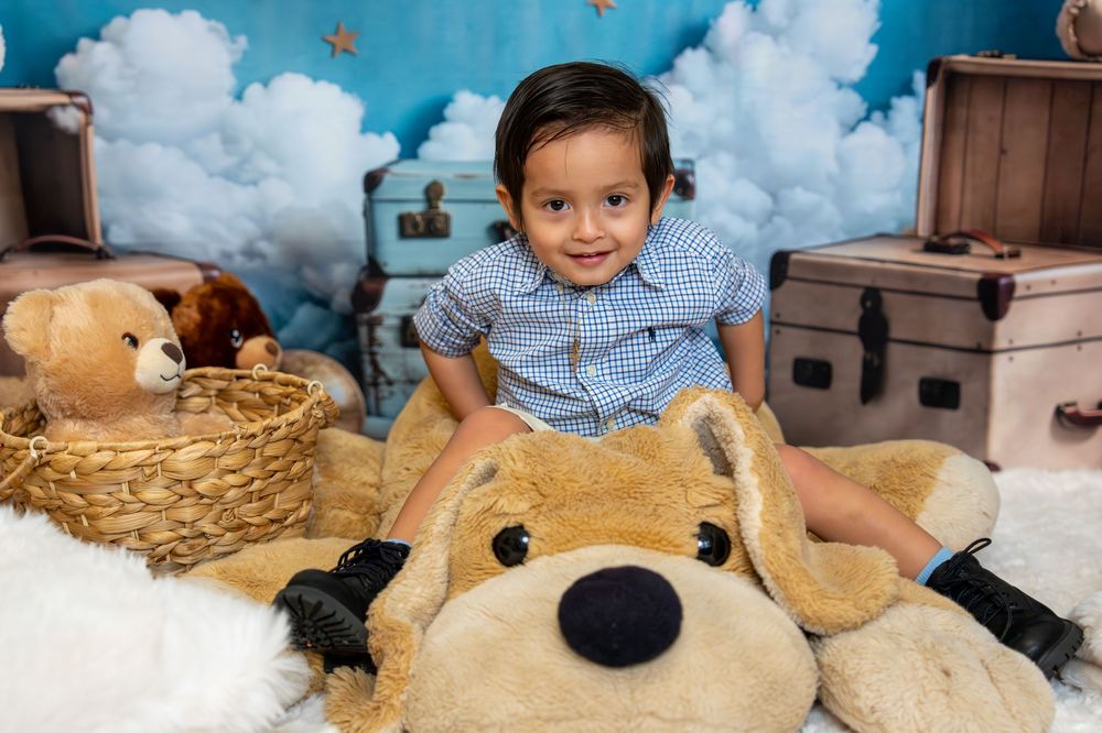 Toddler boy in blue shirt sits smiling with large stuffed dog toy, teddy bear, and vintage suitcases backdrop.