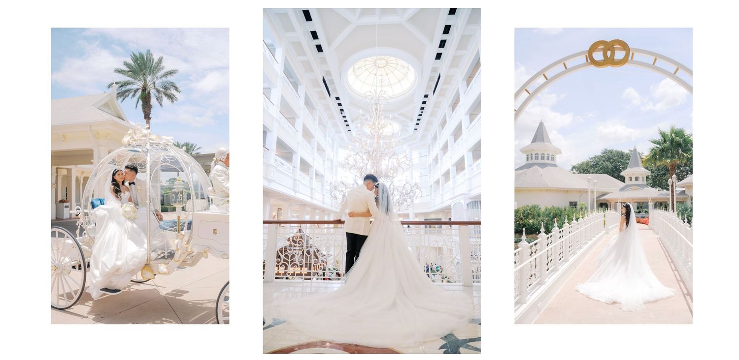 Elegant wedding triptych featuring bride and groom posing in a horse-drawn carriage, grand hotel lobby, and ornate white chapel.