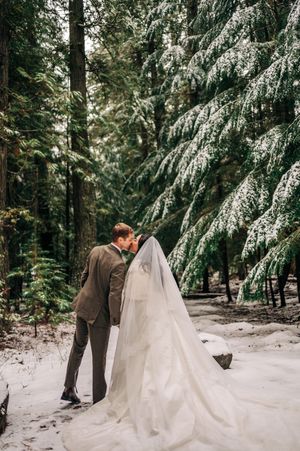 Bride and groom share a kiss in snowy pine forest, her long veil trailing on white ground.