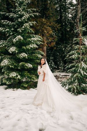 Bride in white ball gown and long veil twirls joyfully among snow-dusted evergreen trees.