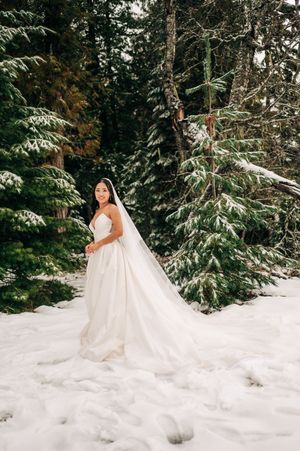 Bride in white ballgown and veil poses among snow-dusted evergreen trees in a winter forest setting.