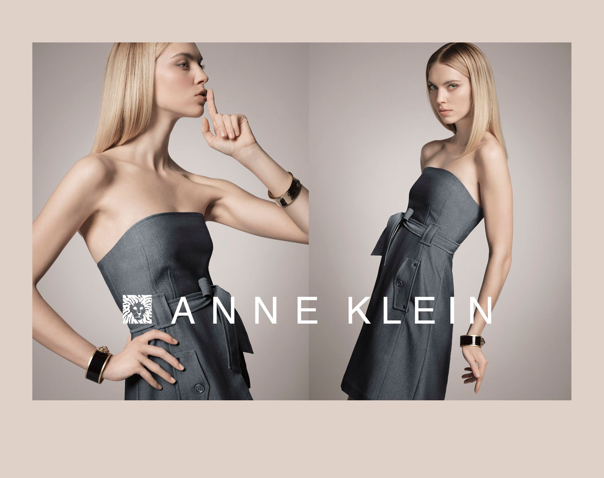 Anne Klein fashion ad featuring a blonde model in a sleek strapless gray dress with black accessories.