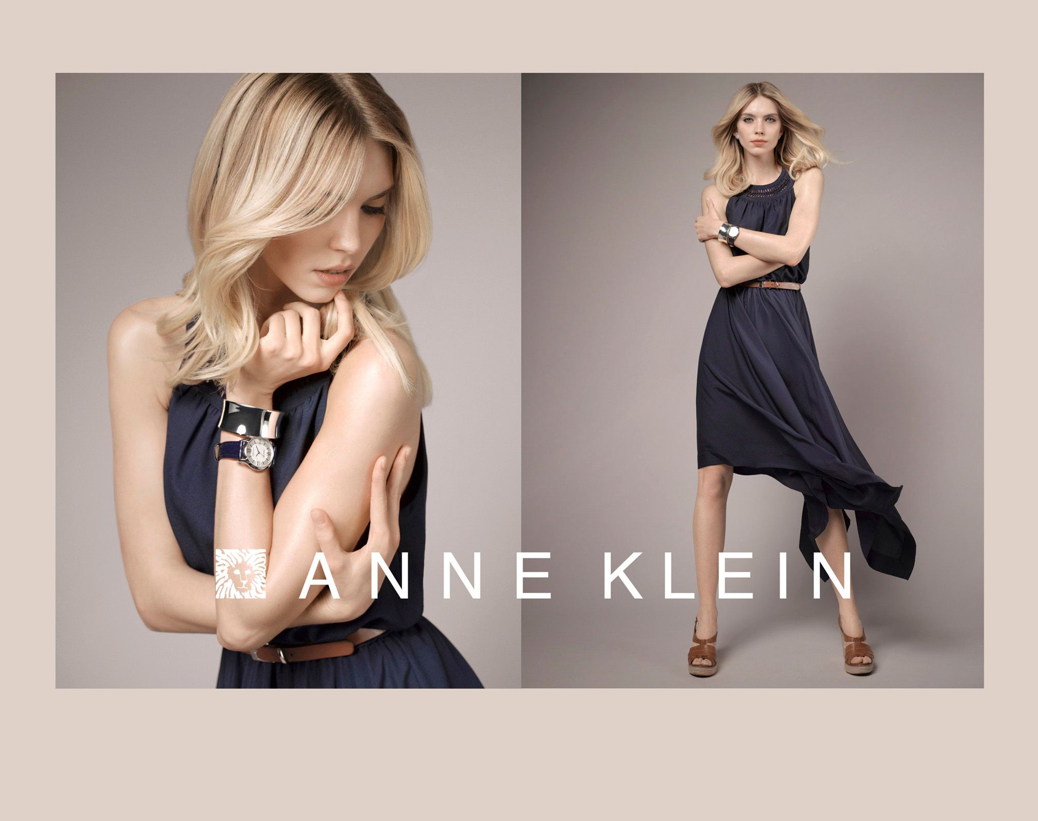 Anne Klein fashion ad featuring a blonde model in a navy blue midi dress with belt and bracelet accessories.