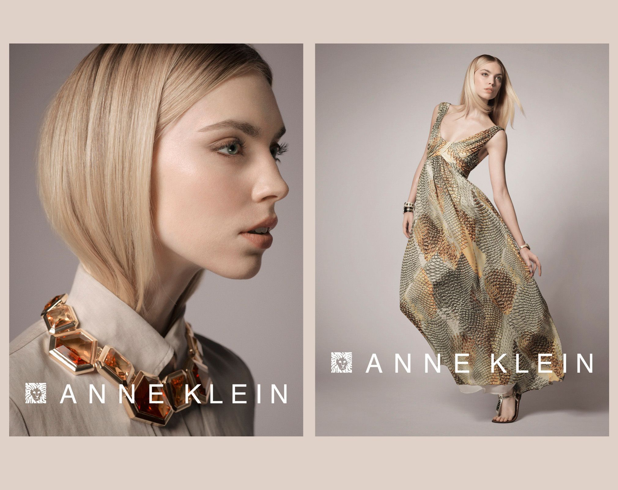 Anne Klein fashion campaign featuring two models, one in profile with a bob haircut and floral necklace, another in a flowing maxi dress.