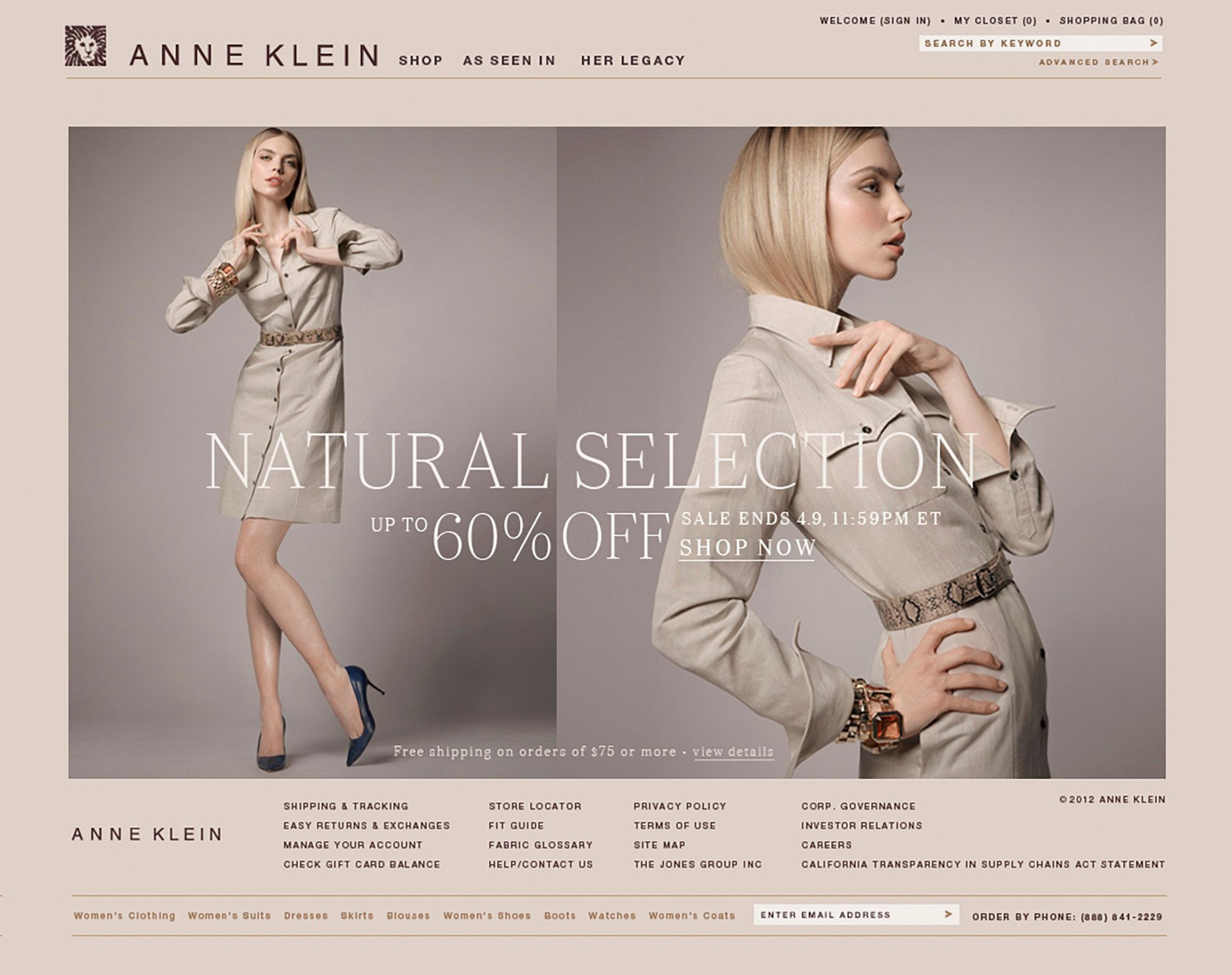 Anne Klein fashion website featuring models in neutral tones with Natural Selection sale up to 60% off.