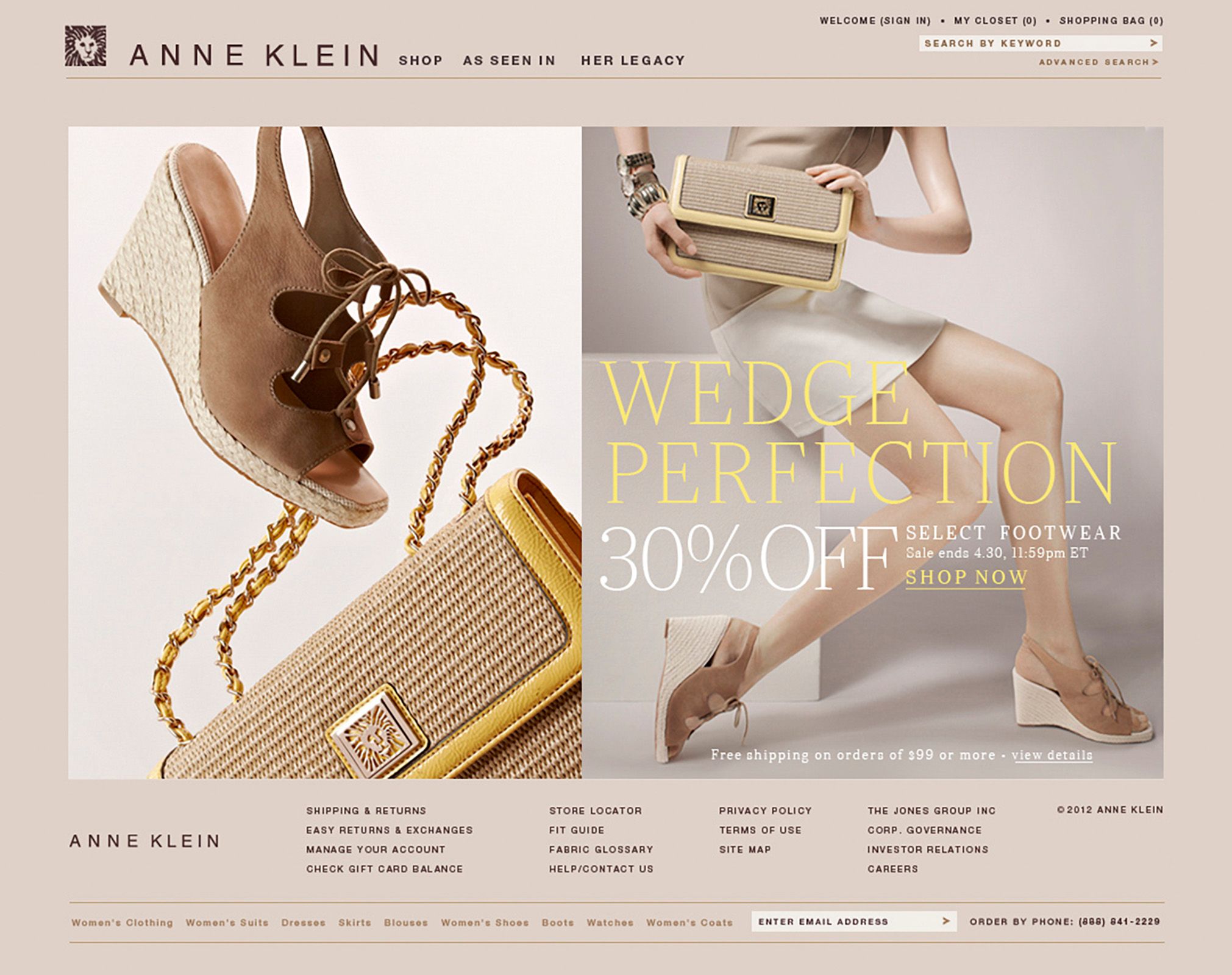 Anne Klein website showcasing wedge perfection sale with 30% off select footwear, featuring stylish wedge sandals and a clutch bag.
