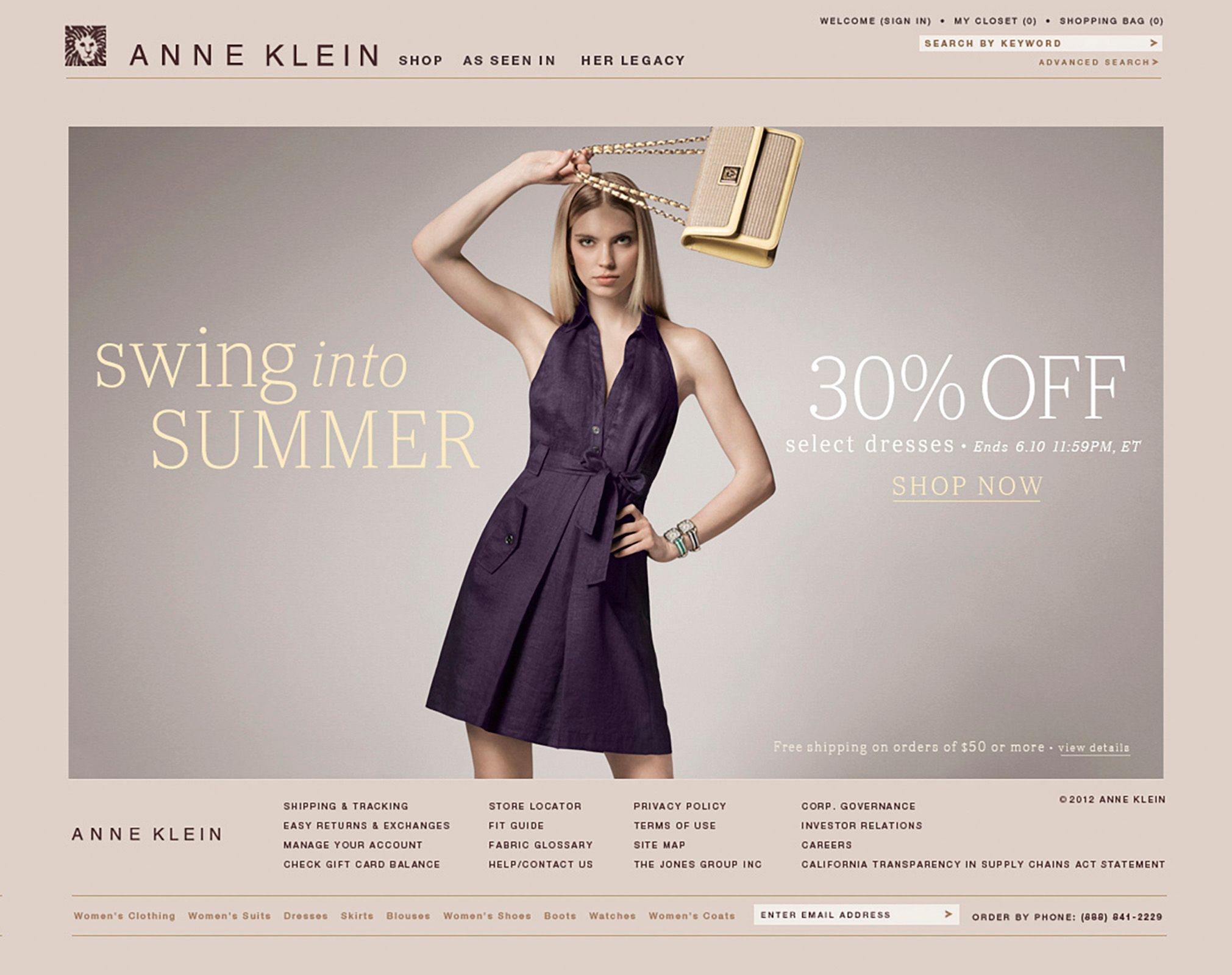 Anne Klein swing into summer promotion featuring a model in a purple halter dress with 30% off sale offer.