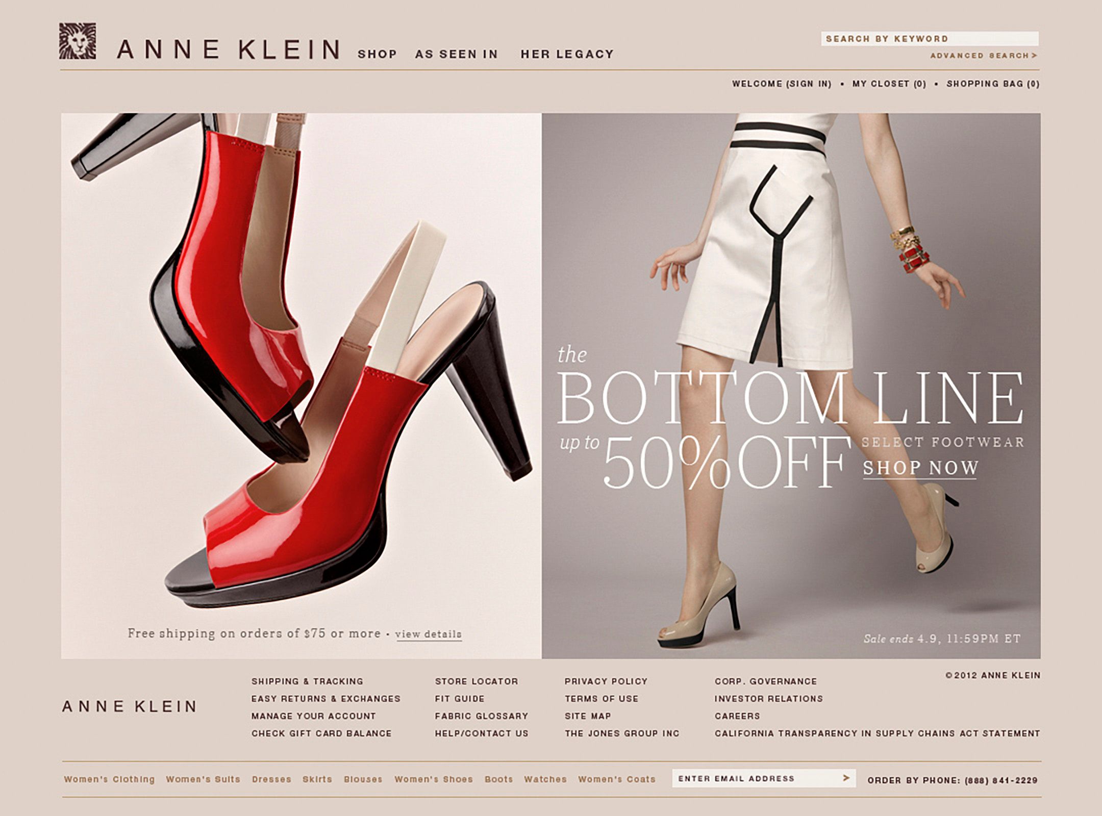 Anne Klein website showcasing red heels and a white outfit with 50% off footwear sale banner.