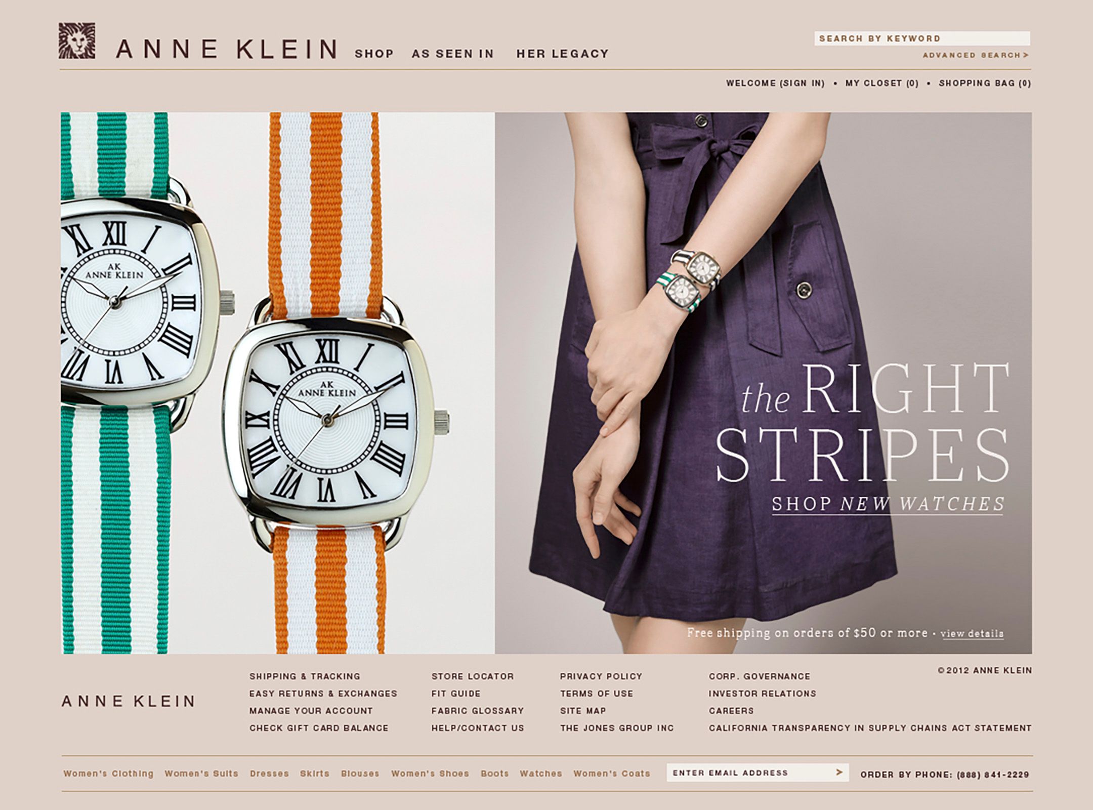 Anne Klein watches displayed on colorful striped NATO bands beside a model wearing a purple dress in a fashion advertisement.