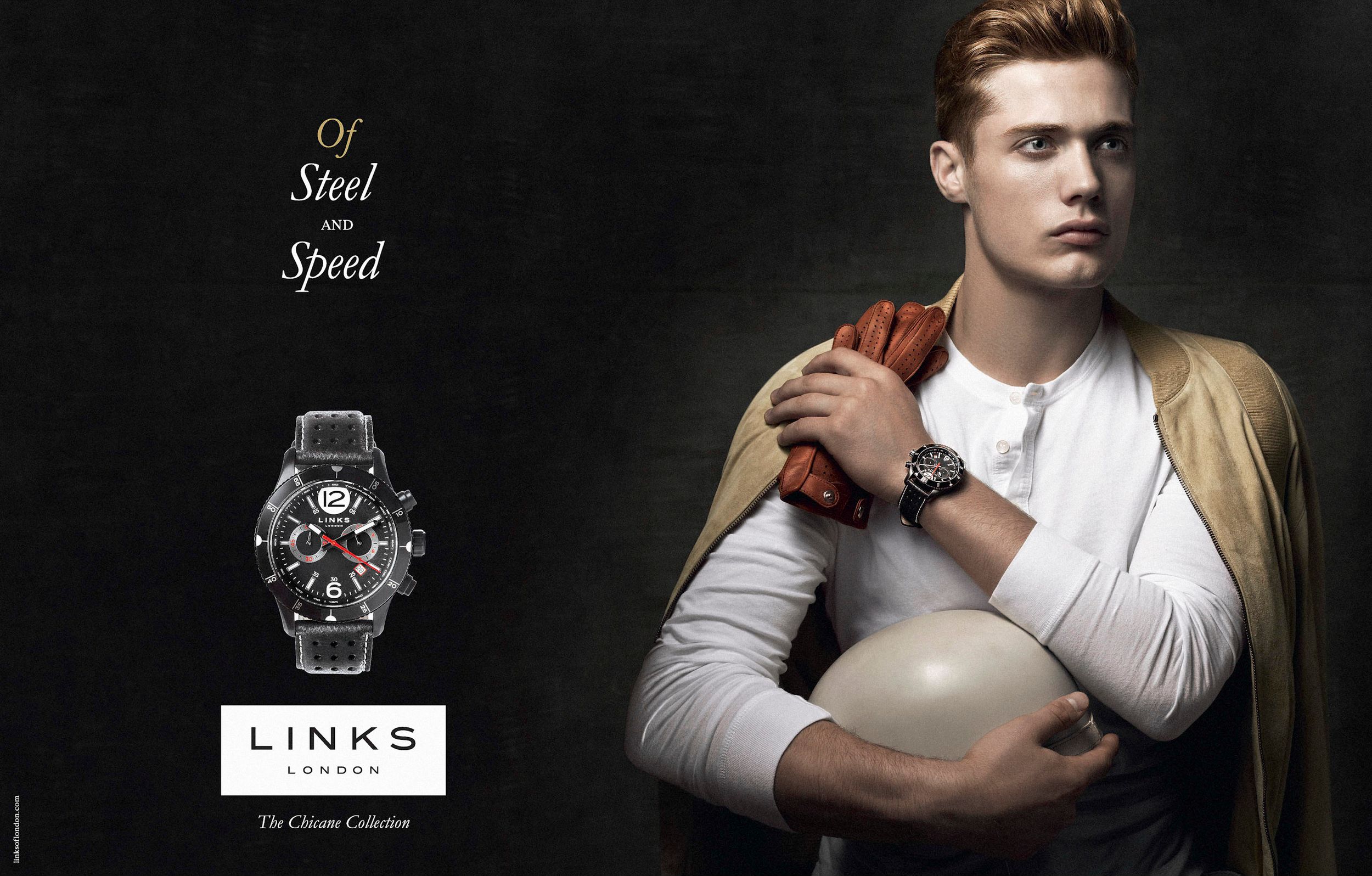 Links of London Steel and Speed Chrono Collection watch advertisement featuring a young male model holding a rugby ball.