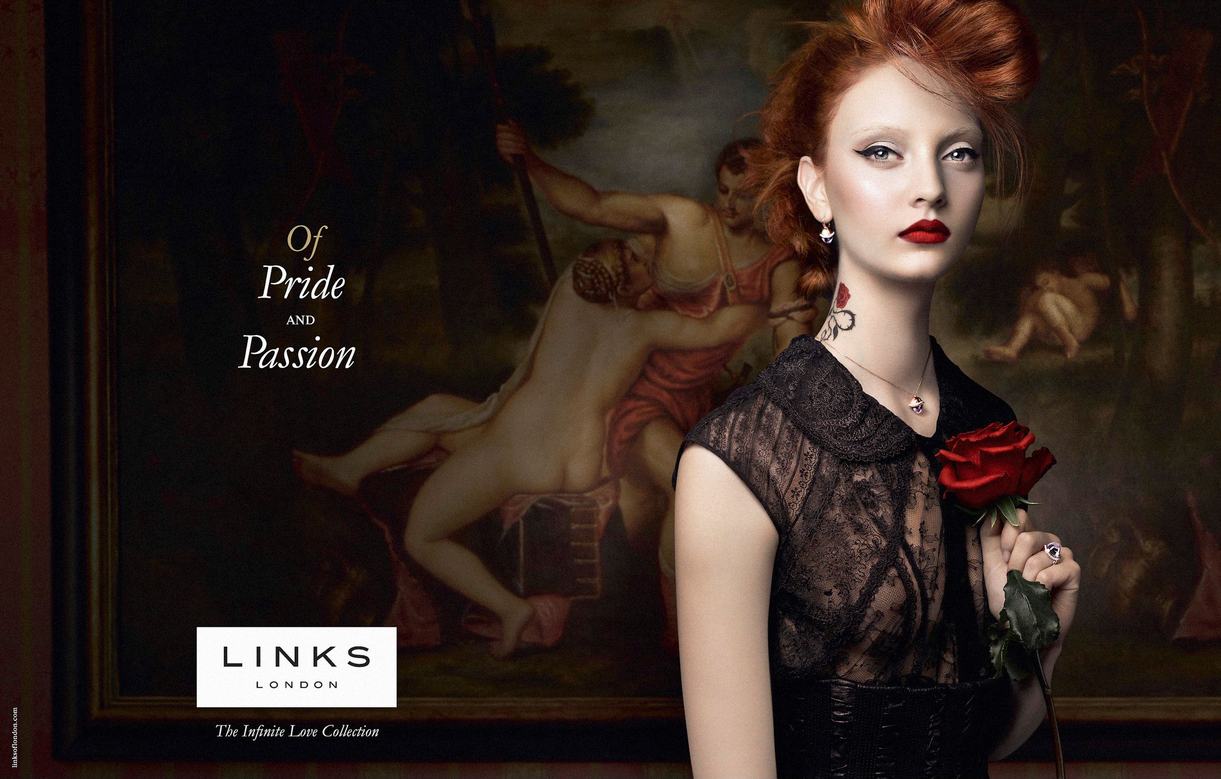 Links of London ad with redhead model in black lace dress holding a red rose, Of Pride and Passion text overlay.