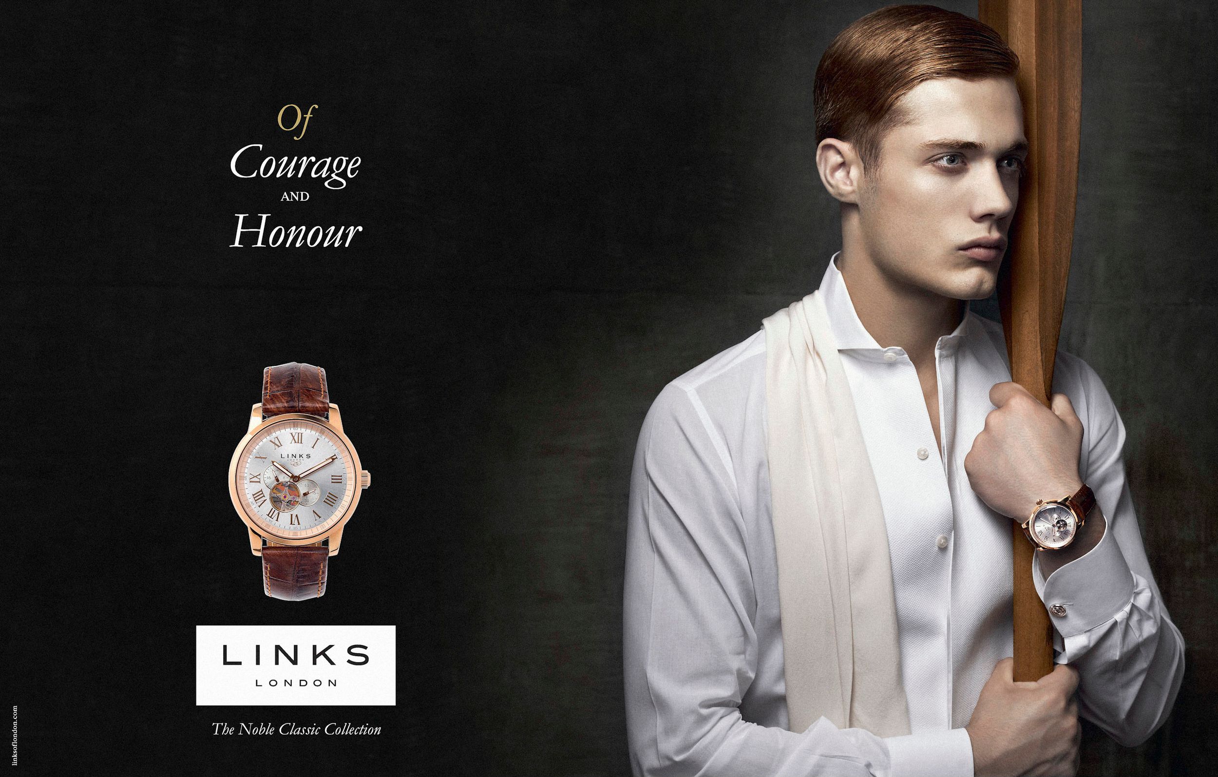 Links of London Saint Gaunt Collection watch advertisement featuring a young man in white shirt holding a wooden pole.