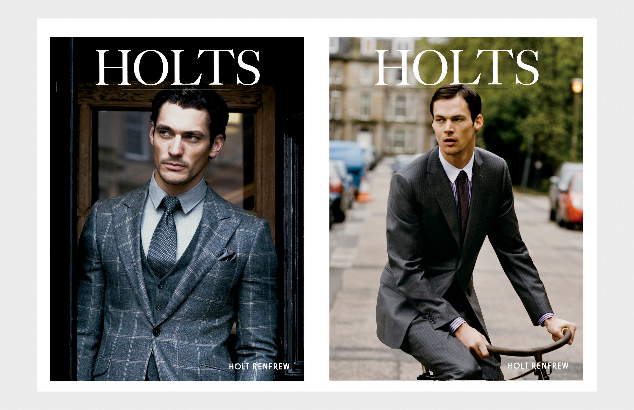 Two men in Holts suits, one in a plaid three-piece suit indoors, another in a dark suit riding a bicycle outdoors.