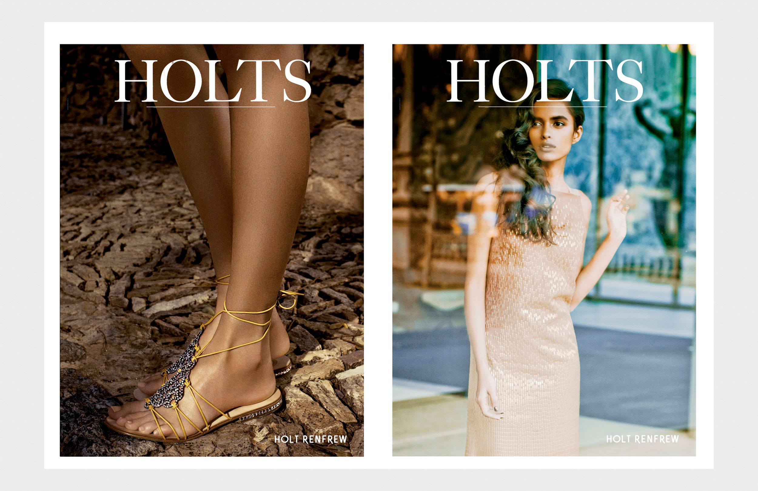 Holts Renfrew fashion campaign featuring elegant ankle-strap heels and a model in a blush pink dress.