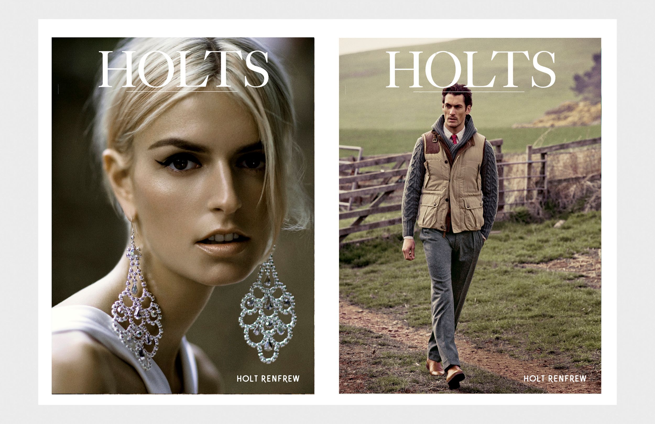 Holts Renfrew campaign showcasing a woman with diamond earrings and a man in a tailored country outfit.